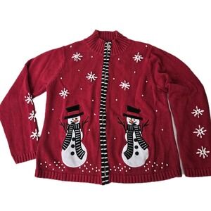 Mandal Bay‎ Holiday Snowman Women's Cardigan Size Small Red White Snowflake